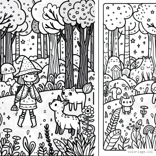 Un enfant explorer une forêt enchantée remplie d'animaux qui parlent et des plantes magiques