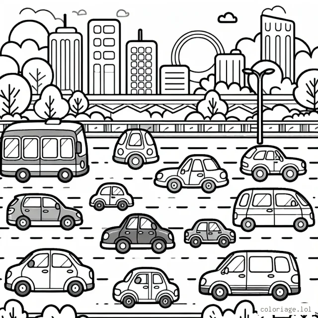 Dessine une scène montrant une variété de voitures de différentes formes et tailles sur une route animée.