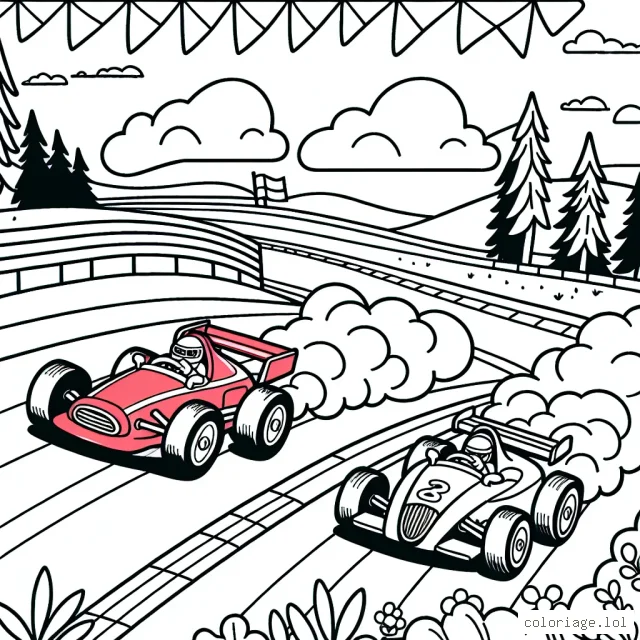 Dessine une scène de course de voitures en pleine action sur un circuit. Il doit y avoir deux voitures de course, une rouge et une bleue, qui roulent à grande vitesse. Ajoute également quelques détails comme des arbres autour du circuit, des drapeaux le long de la piste et des spectateurs en plein enthousiasme. N'oublie pas d'ajouter des nuages de poussière derrière les voitures pour montrer qu'elles roulent très vite.