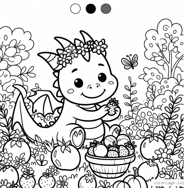 Dessine un gentil dragon qui découvre un univers de fruits magiques dans un jardin enchanté