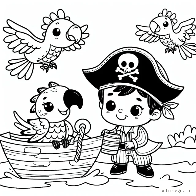 Un petit garçon joue au pirate avec son perroquet à bord d'un bateau en bois orné de deux têtes de dragon.