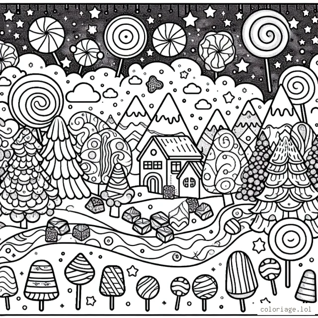 Imagine un univers débordant de bonbons et de sucreries. Dessine un paysage sucré avec des arbres faits de sucettes, des rivières de soda scintillant, des montagnes de chocolat, des maisons de gaufrettes et un ciel rempli d'étoiles en guimauve.