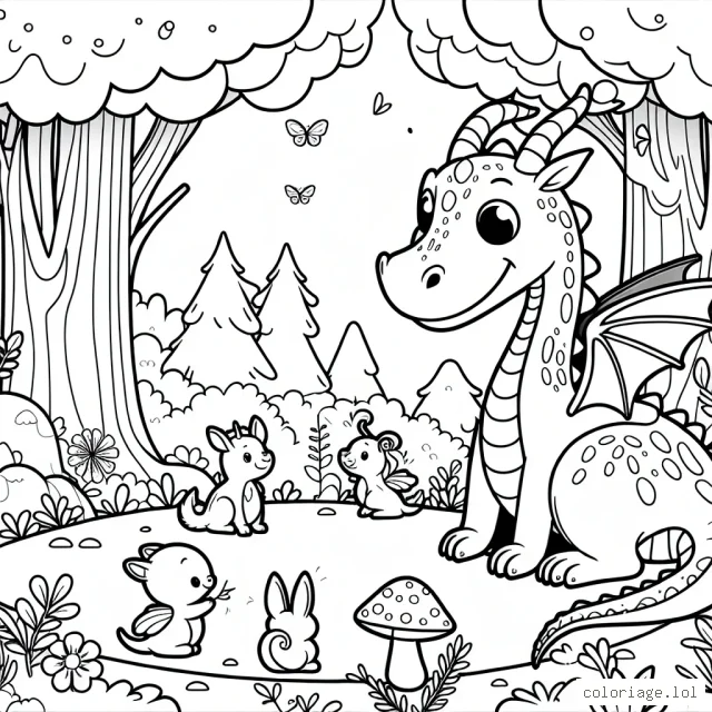 Un dragon sympathique joue avec ses amis animaux dans une forêt enchantée