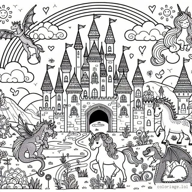 Un château majestueux habité par différentes créatures féeriques comme une licorne, un dragon et des fées qui dansent autour d'un arc-en-ciel.