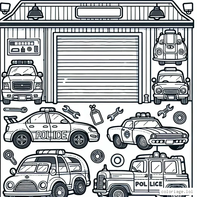 Un grand garage avec divers types de voitures dont une voiture de course, un SUV, un vieux coupé classique et une voiture de police. Mettez en avant plusieurs éléments comme les feux rouges, les plaques d'immatriculation et les marques de pneus.