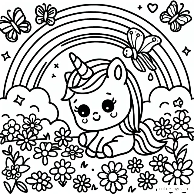 Une petite licorne joue avec des papillons dans un jardin de fleurs colorées sous un arc-en-ciel