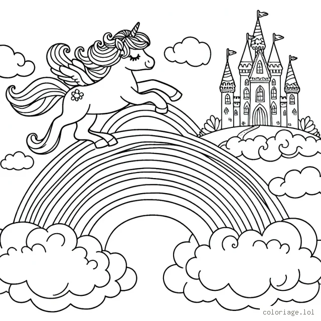 Une licorne enchantée sautant sur un arc-en-ciel au-dessus des nuages ​​avec un palais de princesse dans le lointain