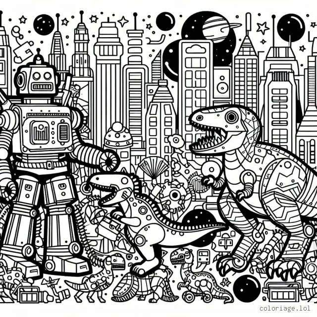 Imagine un monde où des robots et des dinosaures se rencontrent. Utilise tes couleurs pour donner vie à cette aventure incroyable !
