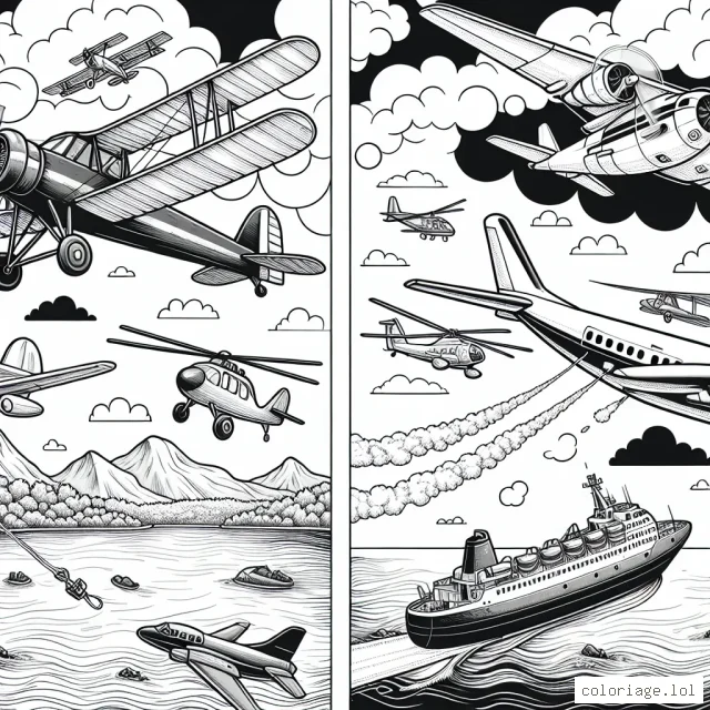 Imaginons une scène aérienne animée où plusieurs types d'avions volent à travers un ciel parsemé de nuages. Les appareils vont du biplan vintage au jet supersonique. Un grand avion de passagers survole un océan bleu, tandis qu'un avion militaire s'exécute dans un jean de fumée coloré. Un hélicoptère de sauvetage est vu en action, abaissant un corbeau pour sauver une personne en mer. Tout en bas, on peut apercevoir le paysage; une île avec une montagne, quelques arbres et petites maisons.