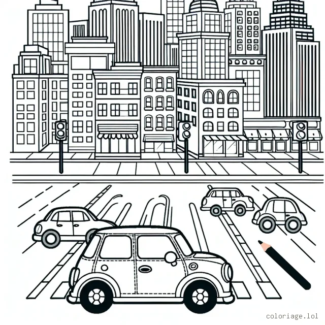 Dessine et colorie une petite voiture de ville se promenant dans un environnement urbain animé.