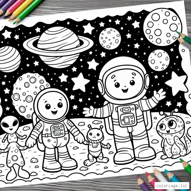 Un astronaute jouant avec une famille d'extraterrestres sur la lune, entouré d'étoiles et de planètes colorées.