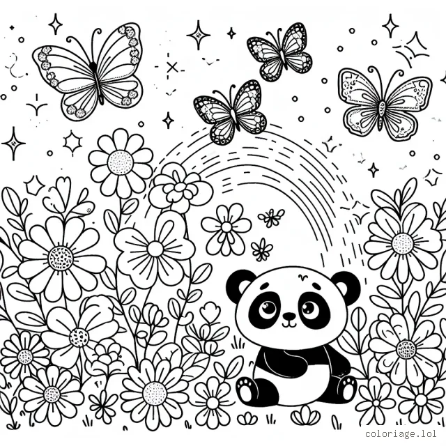 Un petit panda joue dans un jardin magique plein de fleurs lumineuses et de papillons scintillants.