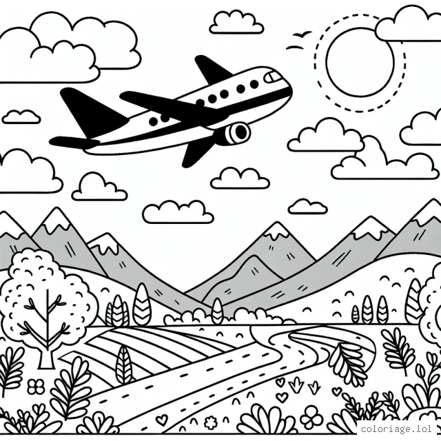 Dessine un avion volant au-dessus de différents paysages, et colorie-le selon tes préférences!