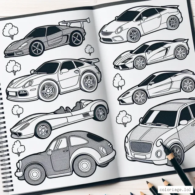 Un cahier grand format rempli de diverses marques de voitures attend impatiemment d'être coloré. Chaque page représente une marque différente, de Porsche à Peugeot, de Ferrari à Ford. Le contour précis de chaque voiture te permet de colorer à la fois l'intérieur et l'extérieur.