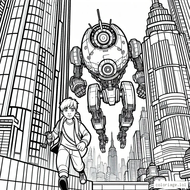 Imagine un petit garçon qui pilote un robot géant à travers une ville animée.