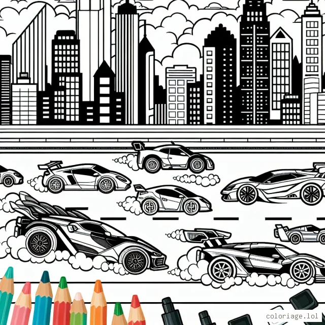 Imagine et dessine une scène animée où différentes marques de voitures participent à une course épique sur une piste de course dans un paysage urbain. Assure-toi que chaque voiture ait un design unique pour qu'elles soient facilement distinguables entre elles.