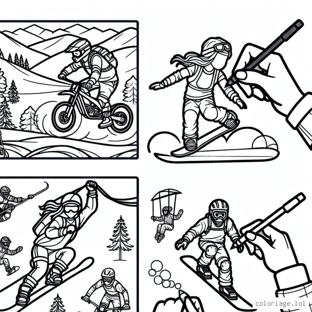 Sur ce dessin, tu peux observer différentes personnes pratiquant des sports extrêmes. À toi de les mettre en couleur !