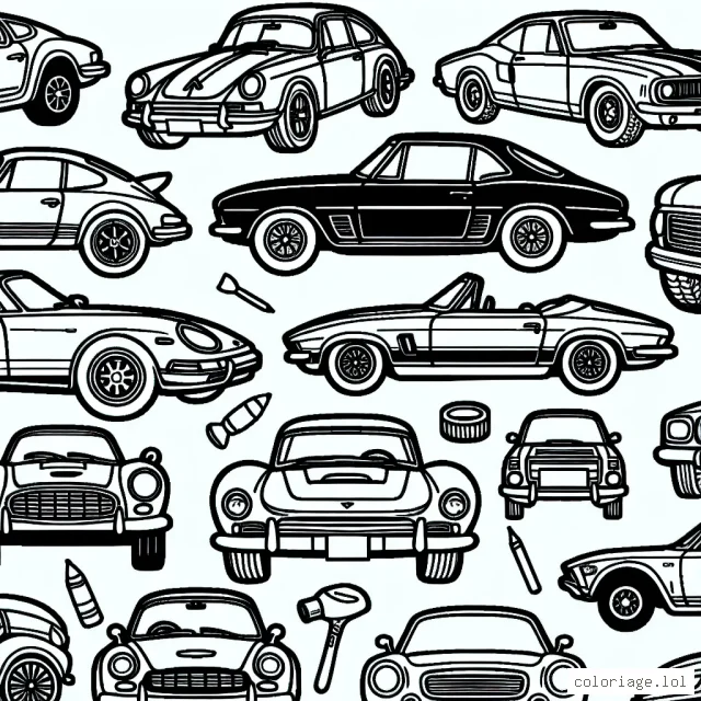 Affiche des dessins au contour noir de voitures classées par marque. Chevrolet, Audi, Ford, et plusieurs autres marques sont à découvrir et à colorier.