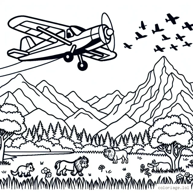 Un avion virevolte dans le ciel azur au-dessus de majestueuses montagnes. Il survole une prairie luxuriante où peuvent être vus des animaux sauvages. Une scène attrayante attend d'être colorée.