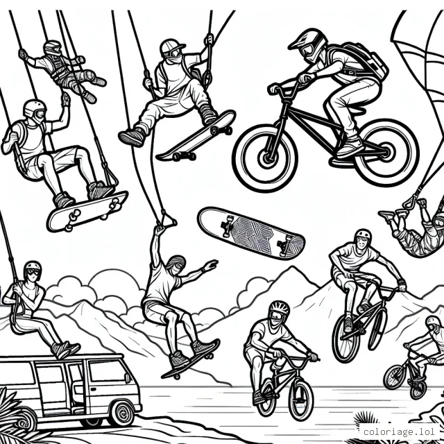 Une scène animée d'une épreuve de sports extrêmes avec des athlètes faisant du surf, du skate, du BMX et du saut à l'élastique.