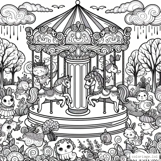 Un carrousel féerique rempli de créatures magiques dans un parc enchanté