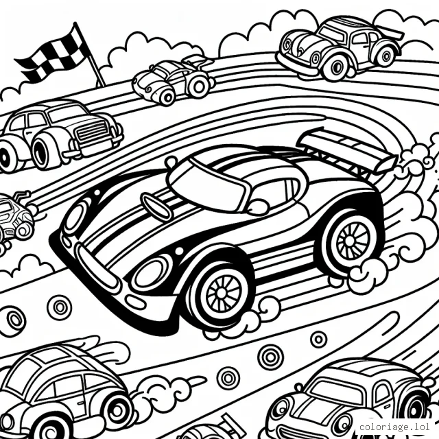 Imagine que tu es dans une course de voitures animée. Colorie ta voiture préférée parmi les différentes variétés présentées et donne vie à la piste de course autour d'elle!