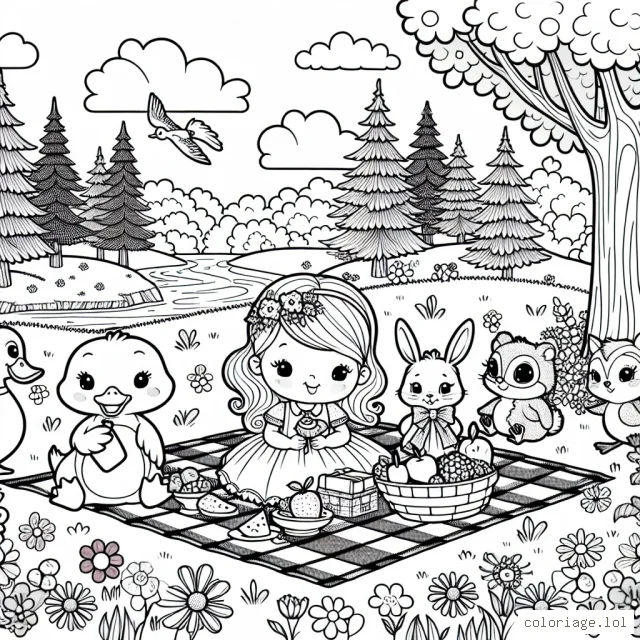 Une petite princesse fait un pique-nique avec ses amis animaux de la forêt dans une prairie entourée de fleurs aux couleurs vives et d'arbres grandioses. Canard, lapin, écureuil et oiseau sont présents. Ils sont assis sur une couverture à carreau, savourant des fruits, des sandwiches et autres douceurs, avec une petite rivière qui serpente au fond.