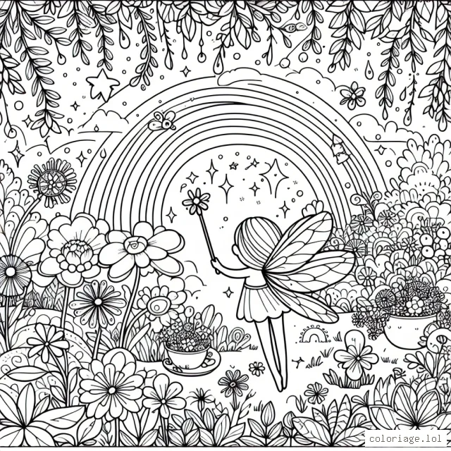 Une petite fée tenant une baguette magique dans un jardin enchanté plein de fleurs multicolores avec des arc-en-ciel dans le ciel.
