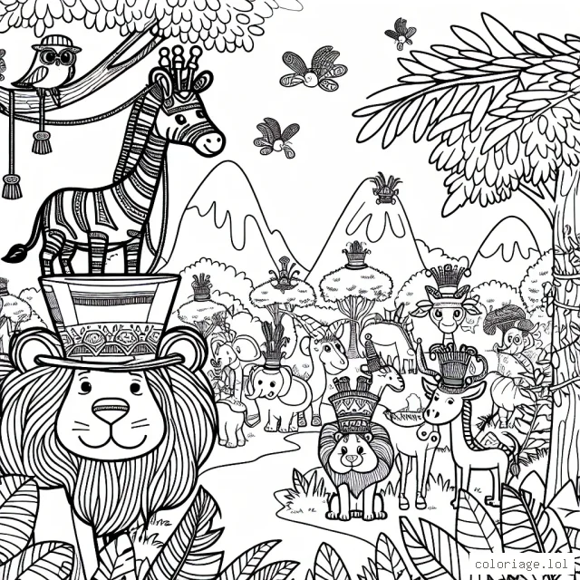 Imagine un monde fantastique où les animaux de la jungle portent des chapeaux colorés et amusants. C'est une journée spéciale dans la jungle, tous les animaux - du lion majestueux à l'insouciante gazelle - sont invités à participer à une parade célébrant le jour du chapeau de la jungle. Ton défi est de colorer ces animaux et leurs chapeaux uniques dans ce paysage vif et palpitant.