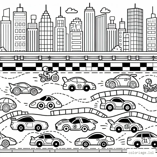 Dessine une course amusante avec plusieurs types de voitures dans un paysage urbain