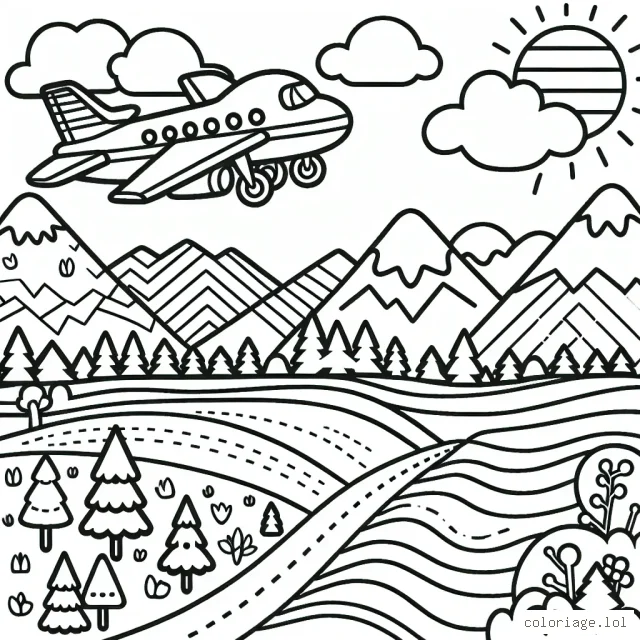 Dessine un avion survolant un paysage diversifié où on peut voir des montagnes, une forêt et un océan.