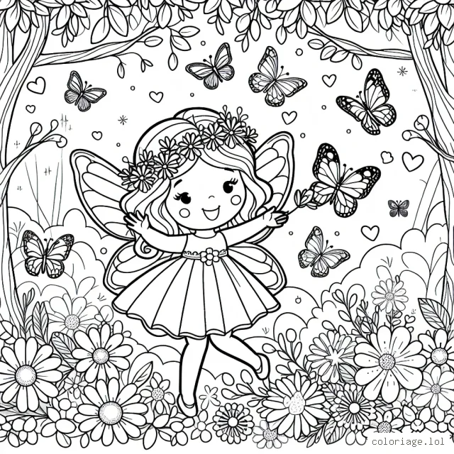Une petite fée élégante et joyeuse joue avec des papillons colorés et des fleurs lumineuses dans une charmante forêt enchantée.