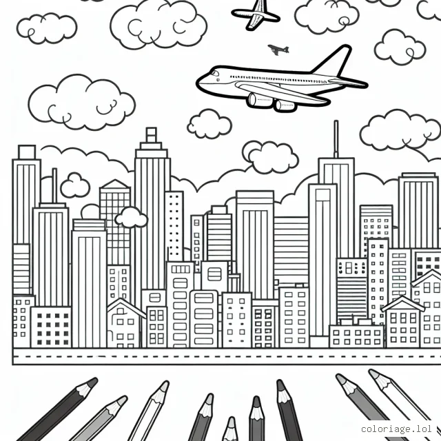 Dessinez un avion volant au-dessus d'une ville animée, avec des nuages parsemés dans le ciel.