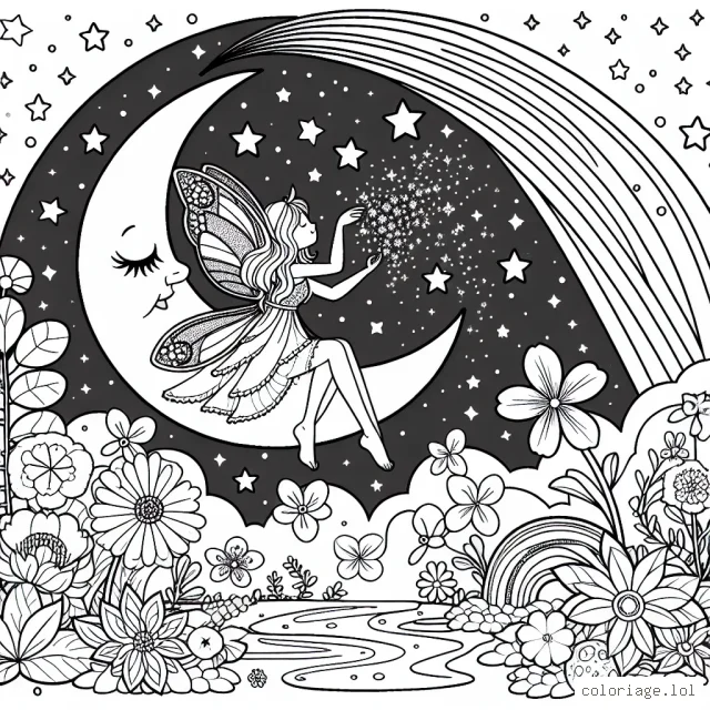Une fée enchantée éparpillant des étoiles assise sur une lune au-dessus d'un jardin féerique rempli de fleurs de toutes sortes et d'un arc-en-ciel brillant dans le ciel nocturne.