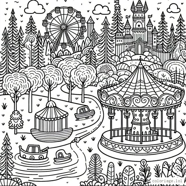 Dessine un magnifique parc d'attractions rempli de manèges et de jeux amusants entouré par une forêt enchantée.