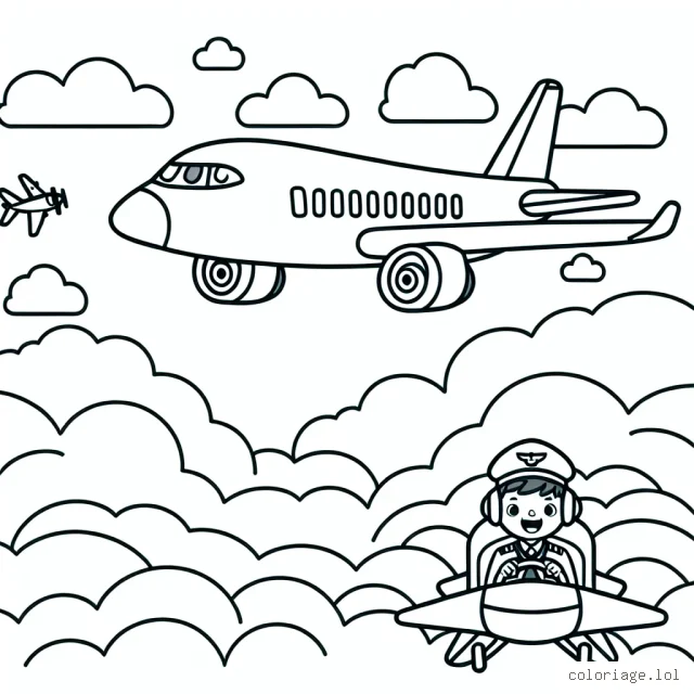 Imaginez un ciel bleu avec des nuages doux et moelleux, un grand avion de ligne en plein vol et un petit avion de chasse qui le suit. Dessinez également les deux pilotes souriants dans leurs cockpits.