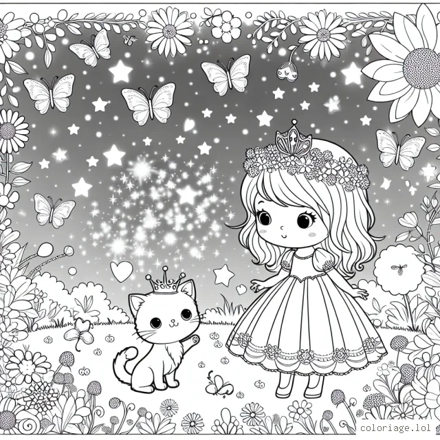 Une petite fille avec une robe de princesse est en train de jouer avec son chaton pourpre dans un jardin magique plein de fleurs étincelantes et de papillons lumineux.