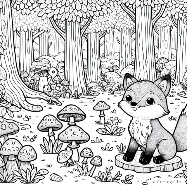 Un petit renard dans une forêt enchantée remplie de champignons magiques et d'êtres mystiques.