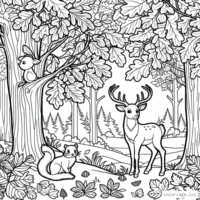 Imaginez un paysage d'automne avec une forêt de chênes, un cerf avec ses bois et un écureuil assis sur une branche. Les feuilles des arbres prennent des couleurs de rouge, orange et jaune intense tandis que certaines tombent doucement sur le sol.