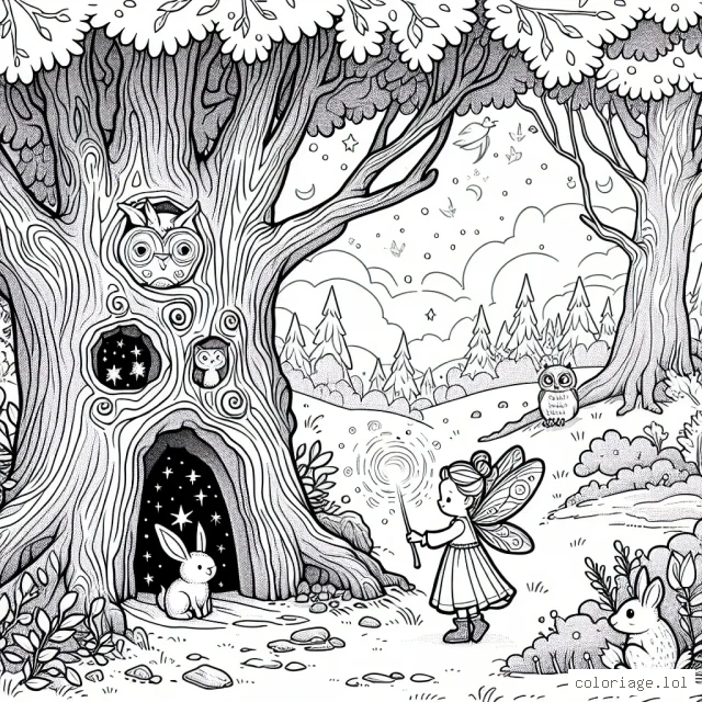 Un paysage de forêt enchantée avec une petite fée tenant une baguette magique illuminée à côté d'un vieux chêne avec des visages amicaux dans les noeuds du bois. Un trou dans le tronc révèle une porte miniature et à travers une ouverture dans les branches, l'on aperçoit un ciel étoilé. Des animaux de la forêt, tels qu'un lapin, un renard et un hibou, regardent la scène depuis la périphérie.
