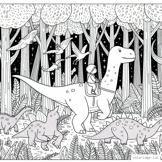 Un petit garçon courageux chevauche un grand dinosaure à travers une forêt dense peuplée d'autres créatures préhistoriques mystiques.