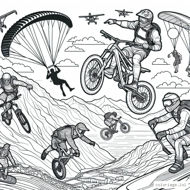 Voici une scène de sports extrêmes qui comprend plusieurs sports comme le surf, le parcours en vélo de montagne, le saut en parachute et l'escalade de montagne. Tu auras l'occasion de mettre ces aventuriers au milieu de l'action tout en explorant une variété de couleurs vives pour représenter l'excitation et le frisson de ces sports. N'oublie pas de colorier les vêtements des sportifs, les équipements et les environnements naturels autour d'eux en utilisant ton imagination!