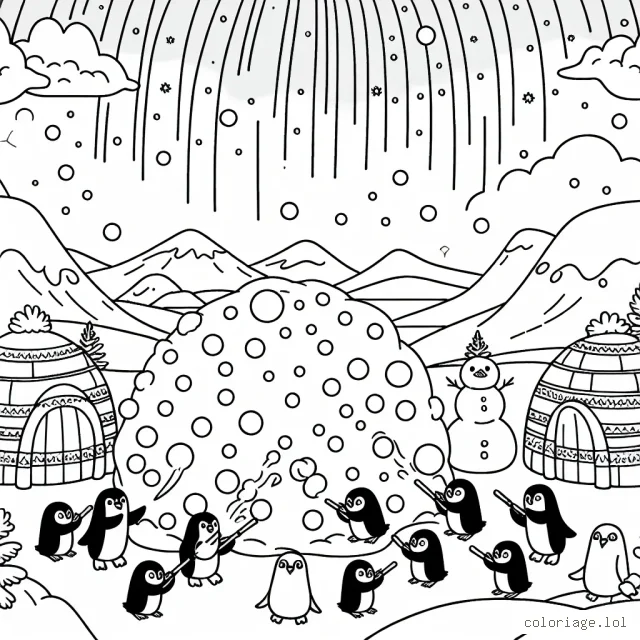 Un groupe de pingouins faisant une énorme bataille de boules de neige dans un paysage polaire avec des igloos et des aurores boréales