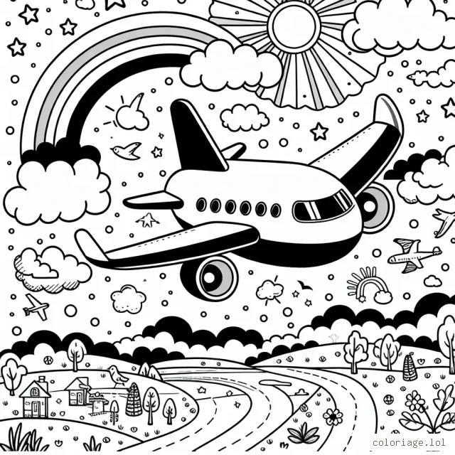 Imagine un avion volant haut dans le ciel entouré de nuages. Sur l'avion, dessine des détails comme les ailes, le cockpit, les fenêtres et les réacteurs. Autour du ciel, tu peux dessiner un arc-en-ciel, des oiseaux et le soleil. Représente également le paysage vu d'en haut : des maisons, des rivières, des montagnes…