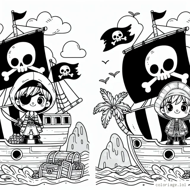 Un petit garçon, habillé à la mode du pirate avec une capuche en forme de crane, tient un drapeau marqué d'une tête de mort dans une main. Il est debout sur le pont d'un grand bateau pirate, dont on aperçoit les mâts, les voiles et les cordes. Au large, on peut voir un îlot avec un palmier et des coffres au trésor. Le bateau navigue sur une mer déchaînée avec des requins qui montrent leurs nageoires.