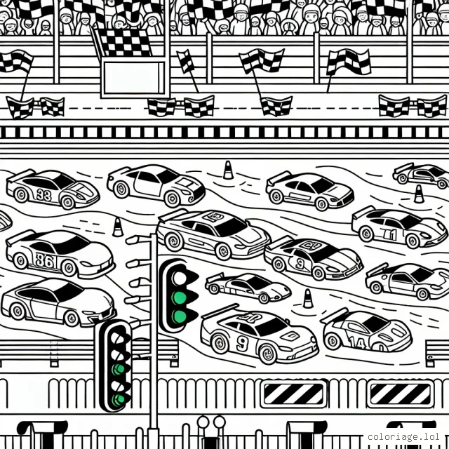 Dessine une grande course de voitures avec de nombreuses voitures de différentes formes et tailles sur une piste de course. N'oublie pas de colorer les feux de signalisation, les supports de publicité tout autour de la piste et les spectateurs dans les gradins.