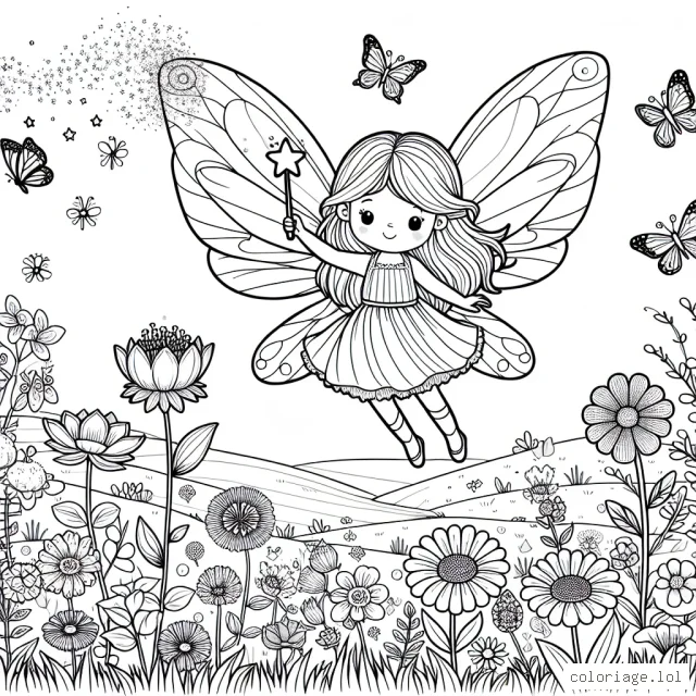 Dans cette scène, une adorable petite fée flotte au-dessus d'un champ de fleurs colorées. Le paysage ci-dessous contient une variété de fleurs comme les tulipes, les marguerites et les roses. La fée a de belles ailes transparentes et elle tient une baguette magique, émettant des éclats de paillettes. Esquisse aussi quelques papillons et abeilles qui volent autour, ajoutant plus de vie à la scène.