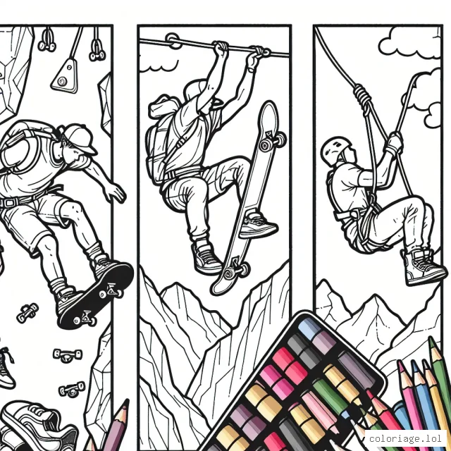 Dans cette scène animée, trois des sports extrêmes les plus passionnants sont présentés : le skateboard, l'escalade et le saut à l'élastique. La page est divisée en trois scènes distinctes, peuplées de figures audacieuses et des accessoires associés. Les enfants sont invités à utiliser leurs crayons de couleur pour ajouter de la vie et de l'énergie à chaque image.