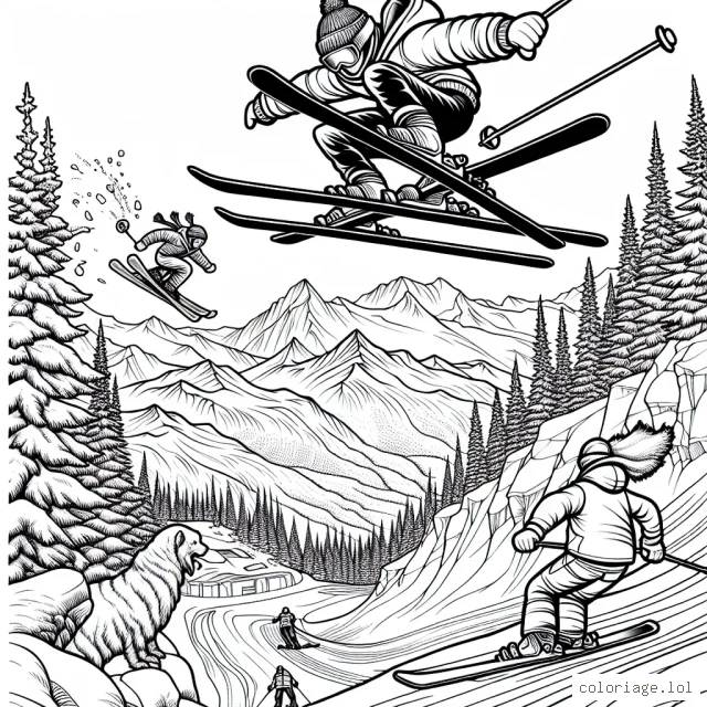 Imagine un scénario sportif où un sportif audacieux exécute un saut de ski extrême incroyable de la pente la plus haute d'une montagne spectaculaire sous le regard ébahi des animaux environnants. Pendant ce temps, un autre sportif fait du snowboard sur une piste gelée. Laisse ton imagination s'envoler et ajoute des éléments de décor pour que le tableau soit vibrant de vie et d'excitation.