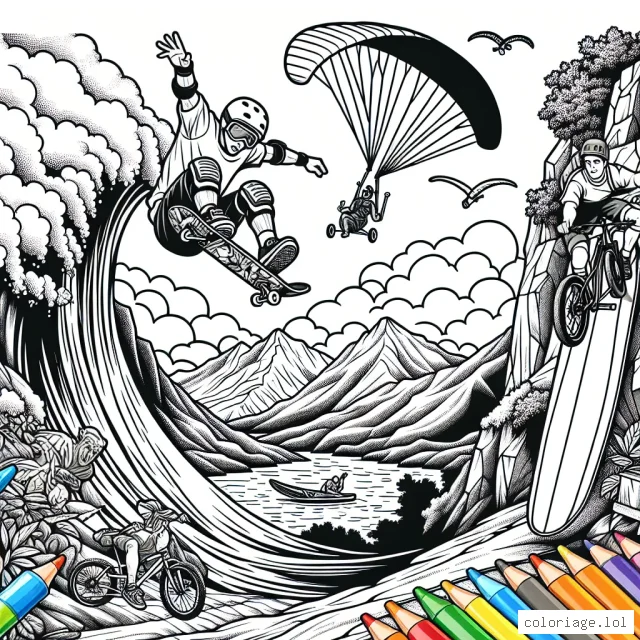 Sur votre feuille se trouve une scène époustouflante de sports extrêmes. Au centre, un skateboarder professionnel effectue une rotation aérienne sur une rampe énorme. À sa droite, il y a un surfeur qui ride une vague gigantesque. À sa gauche, une femme fait de l'escalade sur une paroi rocheuse verticale. En arrière-plan, un parapentiste vole au-dessus des nuages alors qu'un vététiste descend à toute vitesse un sentier montagneux. Apportez cette scène à la vie avec vos couleurs vibrantes.